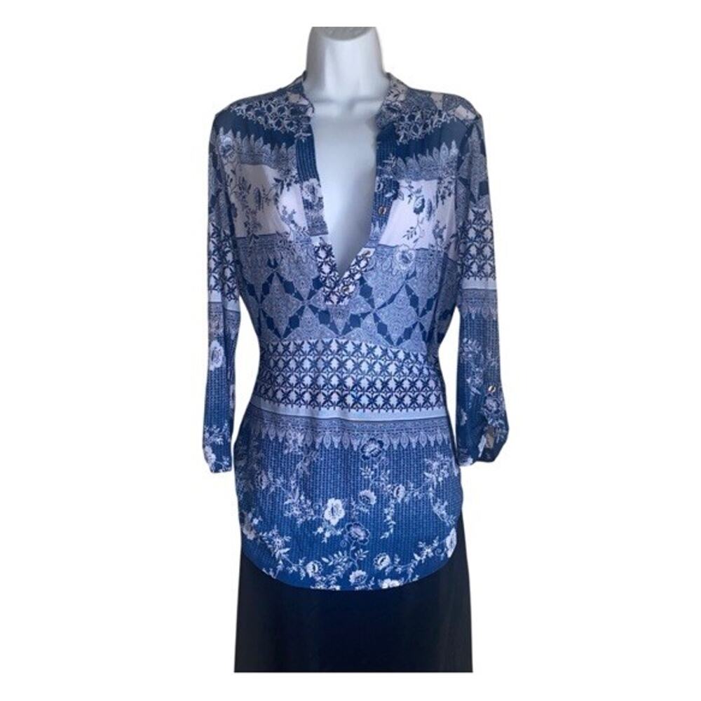 Per Seption Women's Large Blue White Sheer Long Sleeve Spring Floral Blouse Top